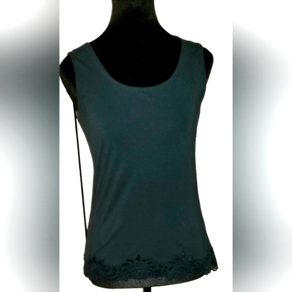 Coldwater Creek dark teal tank top with lace detail hemline.